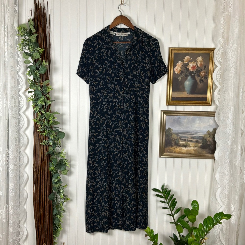 JH Collectibles Dress Womens 8 Navy Blue Excellent Vintage Floral Rayon Midi